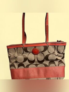 Coach Brown Signature Canvas Tote with Coral Trim